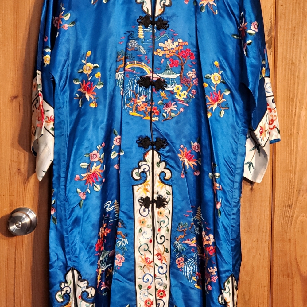 Blue Embroidered Satin Top with Floral Motif - Picture 3 of 16